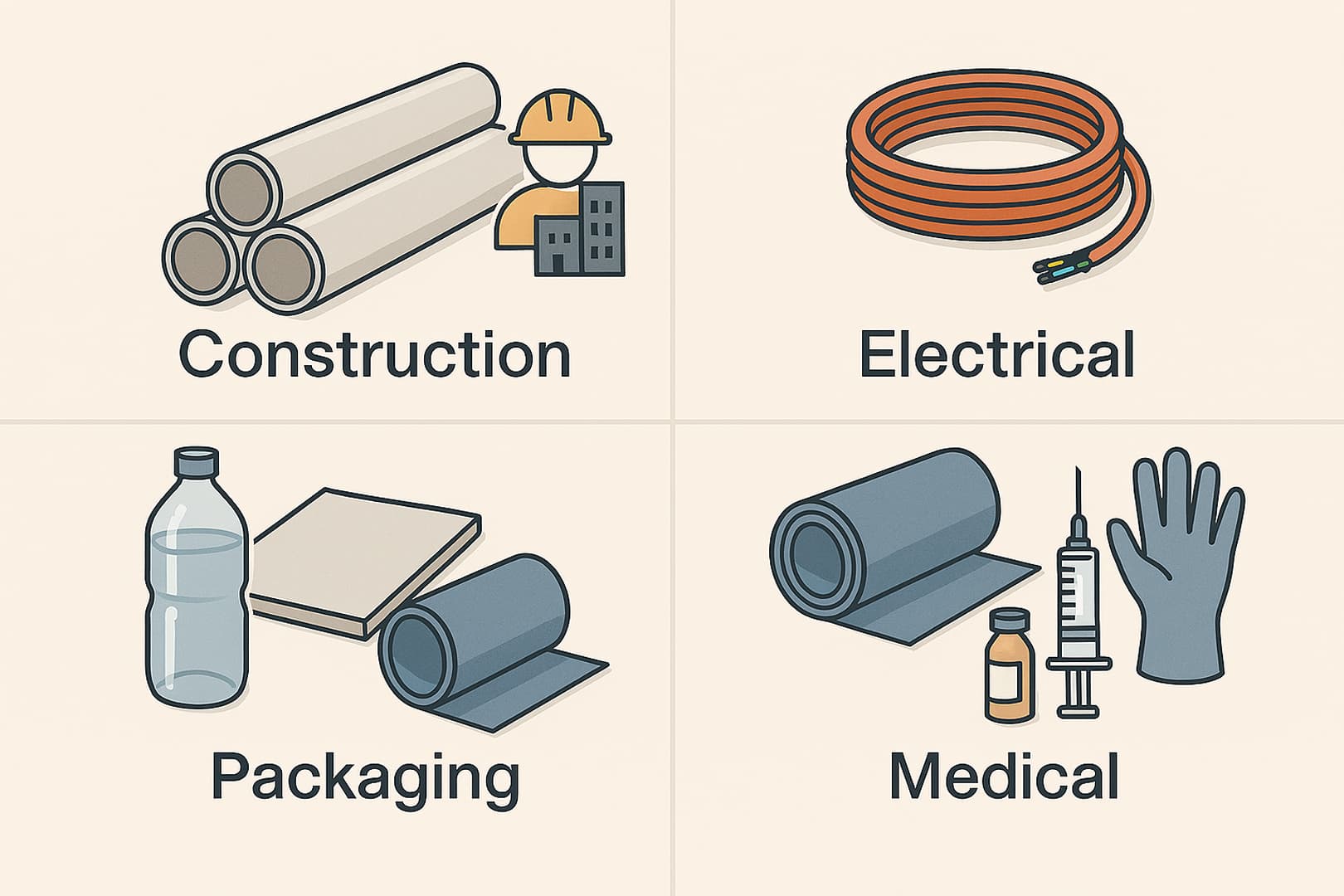 Ảnh: ứng dụng của nhựa PVC trong xây dựng, điện, y tế và đóng gói hàng hóa